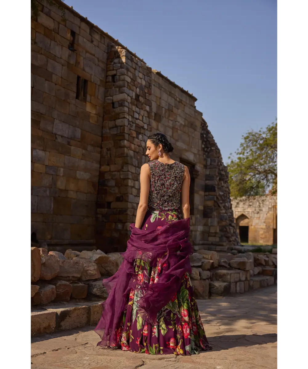 AWIGNA - Purple printed embellished lehenga set